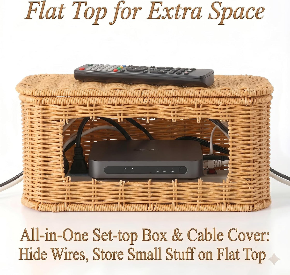 Large Cable Management Box with Lid, Wicker Basket Hides Power Strips, TV Boxes & Routers