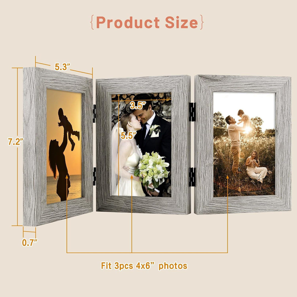 Golden State Art, 4x6 Triple Picture Frame Light Grey- Real Glass, 2 Pack