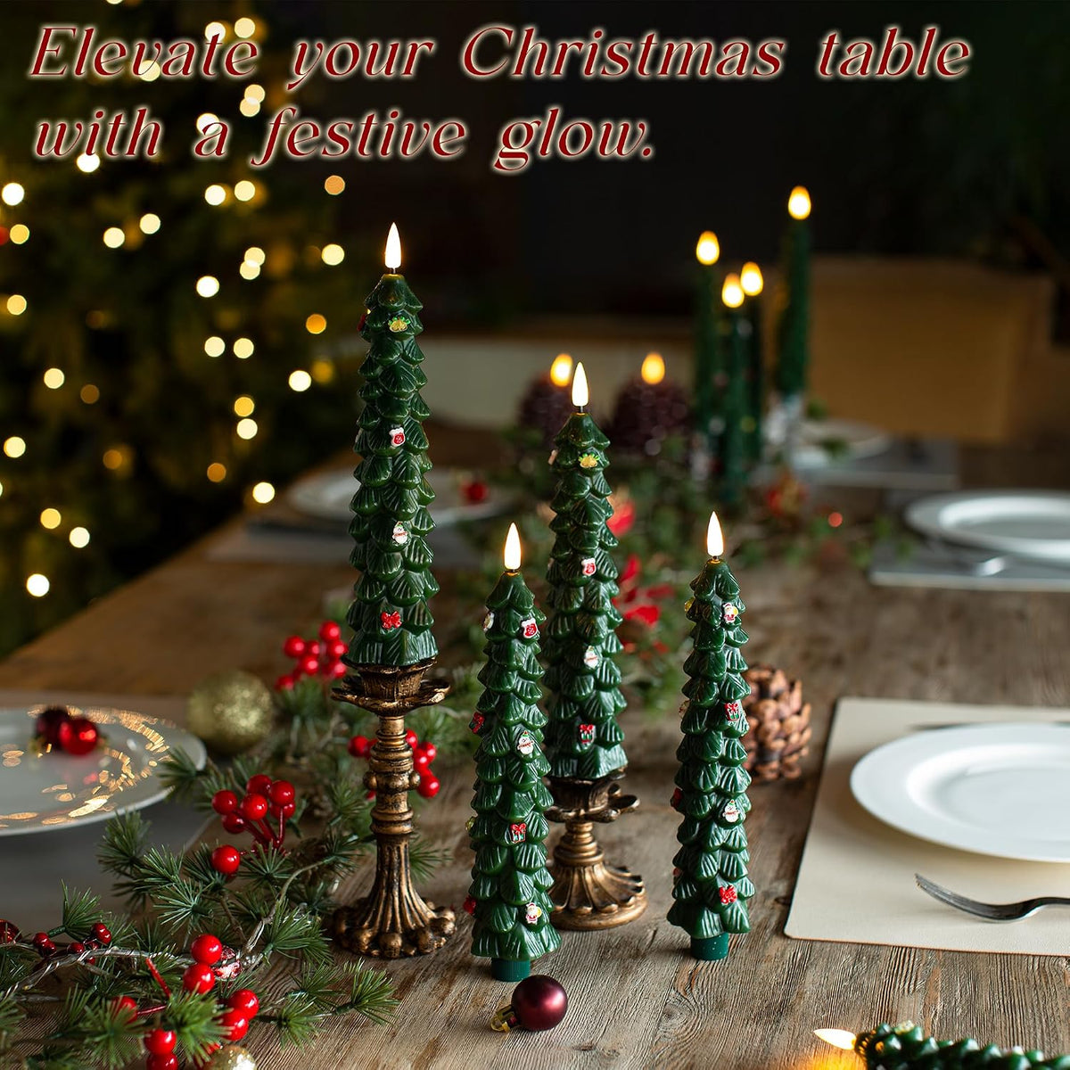 LUSHARBOR Christmas Tree Candles, 4 Pack Flameless Taper Candles 9.8"