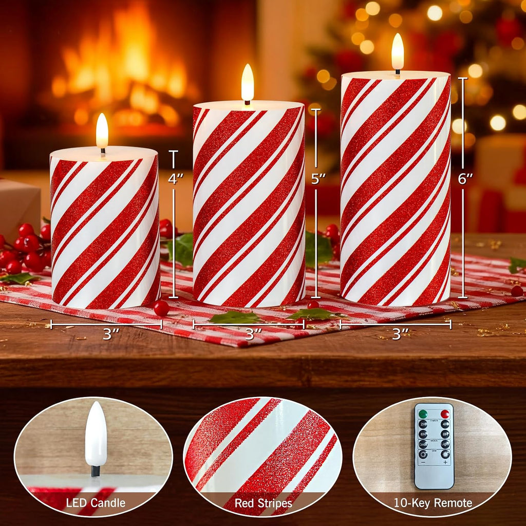 Glitter Red Stripe LED Flameless Candles, Battery Operated Pillar Lights with Remote Timer, Real Wax Electric Candles for Holiday Home Christmas Party Decor, Set of 3