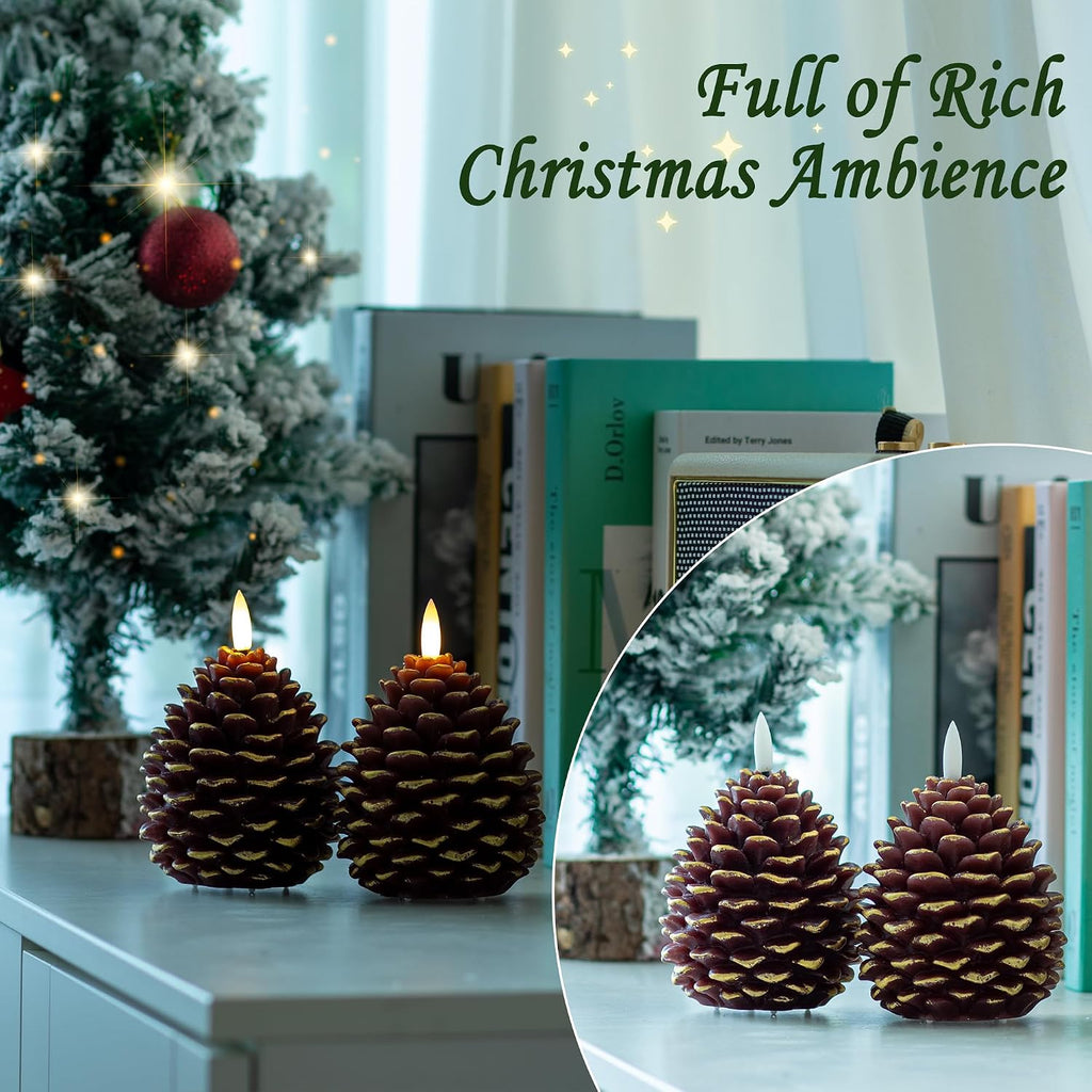Christmas Flameless Pinecone Candles with Remote, Real Wax Pine Cone Candle