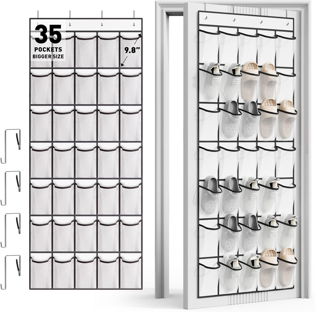 WVM Over the Door Shoe Organizer with 35 Breathable Mesh Pockets, Hanging Shoe Organizer for Door with 4 Metal Hooks, Large Capacity Closet Storage for Shoes, Accessories, White