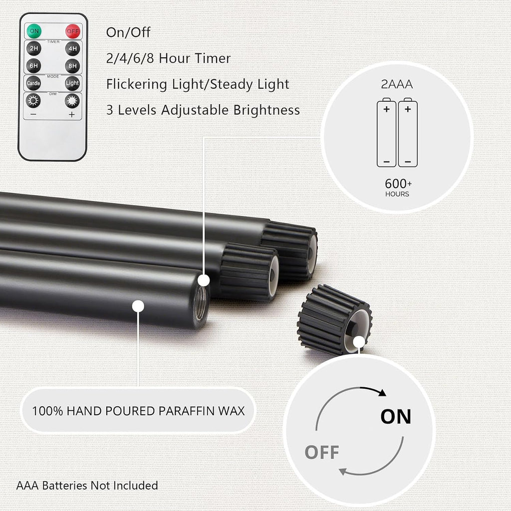 Halloween Decor, Wax Drip Black Flameless Taper Candles with Remote, 6 Pack