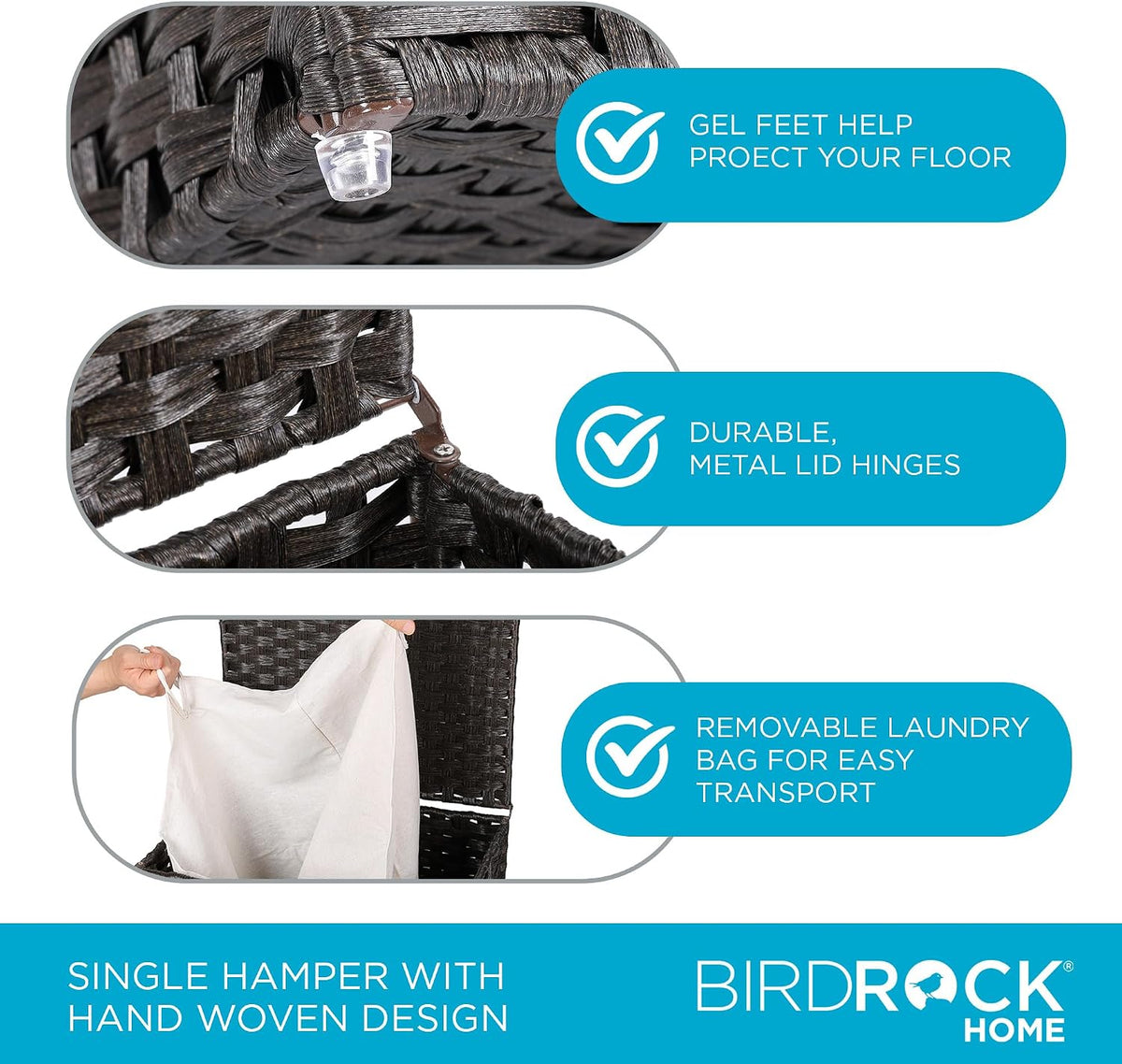 BIRDROCK HOME Single Laundry Hamper with Lid - Brown - Liner Bag - Hand Woven - Small Collapsible Hampers - Foldable Bin - Synthetic PE Rattan - Hand Woven - Clothes Basket