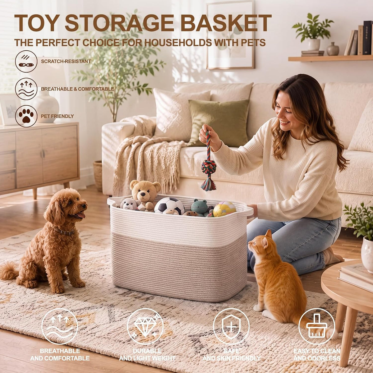 OIASKET Blanket Basket for Living Room, Cotton Rope Basket for Storage, Toy Baskets Bin for kids, Woven Baskets with Handles for Clothes, Towels, Pillows, 20" x 16" x 12", Brown and White