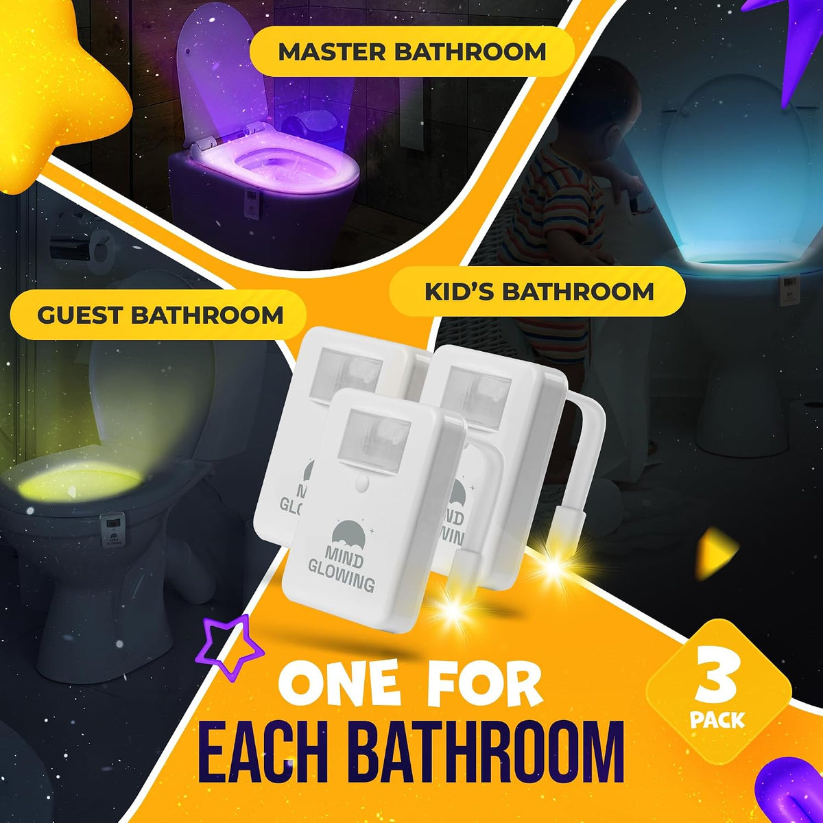 Mind-Glowing Toilet Night Light, Motion Sensor, 16 Colors (3 Pack)