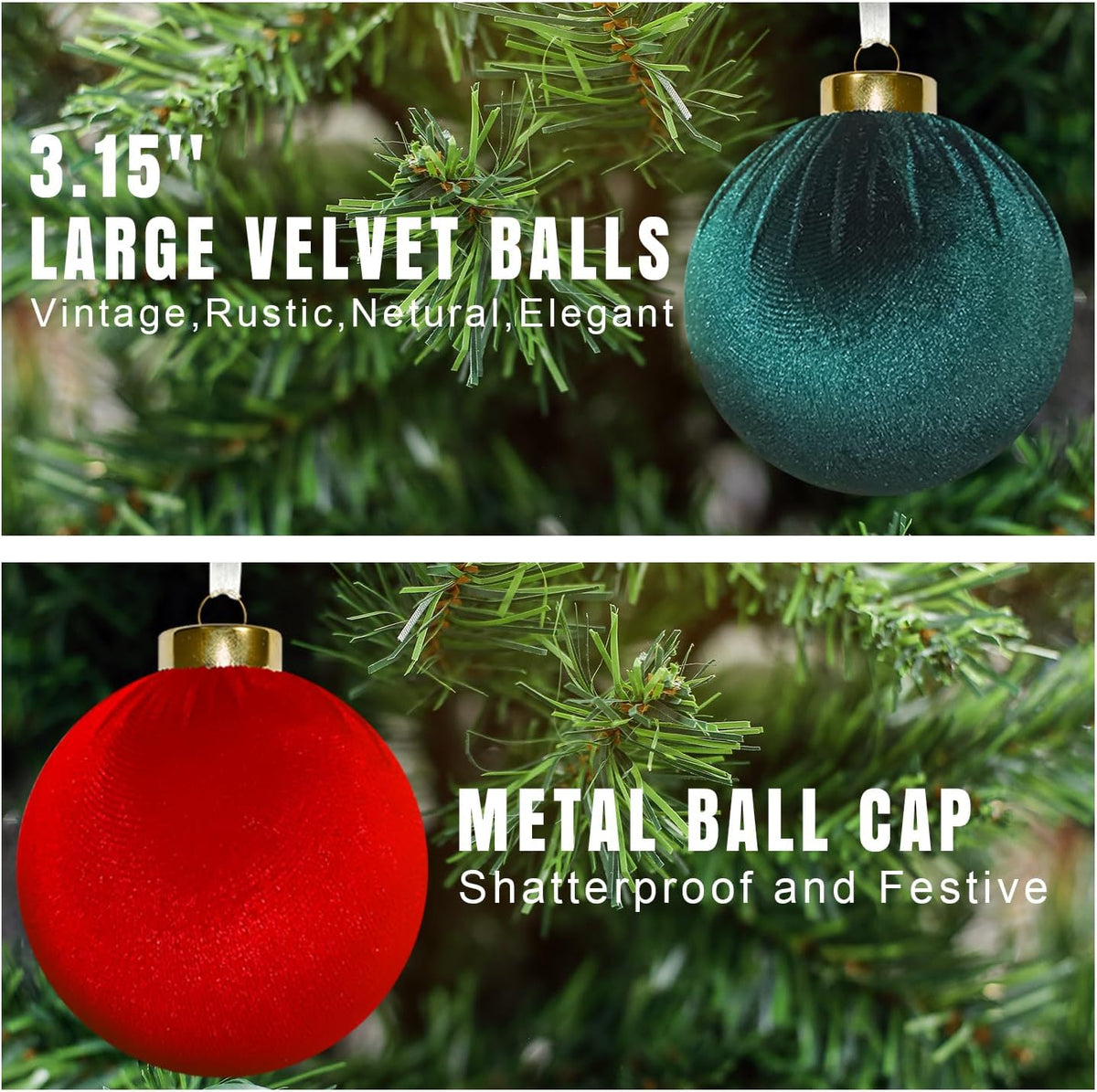 15 Pcs 3.15" Large Red and Green Velvet Ball Ornaments for Christmas Tree