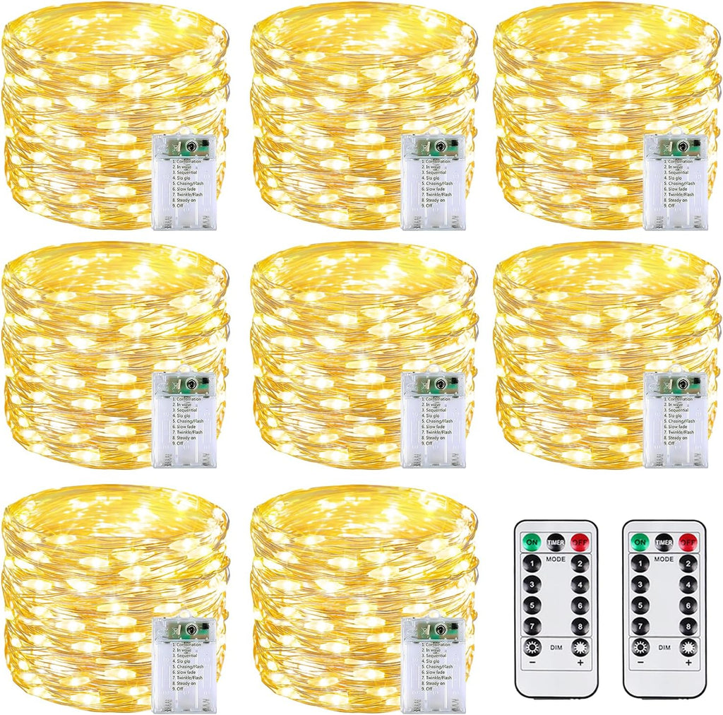 8 Pack 60 LED Fairy Lights Battery Operated with Remote, 20 FT Warm White