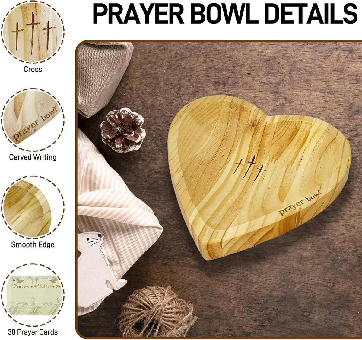 Heart Prayer Bowl with 30 Cards, Light Wood, Christian Gift