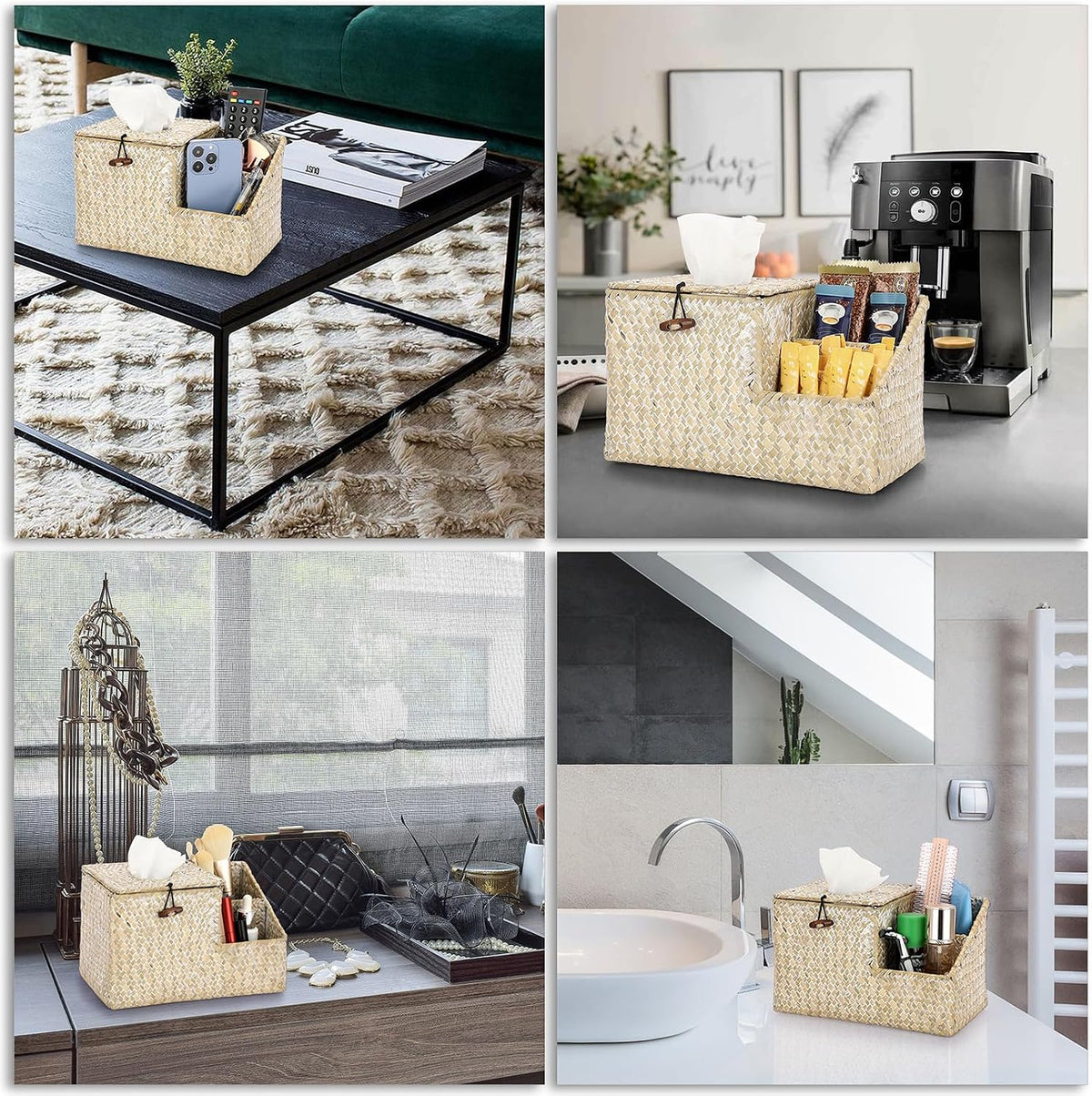 Sumnacon Tissue Box Cover-Square Woven Tissue Box Organizer for Desk Rustic Seagrass Tissue Box Holder with Side Organizer Decorative Cube Tissue Cover for Bathroom Home Office Table Counter Whitewash