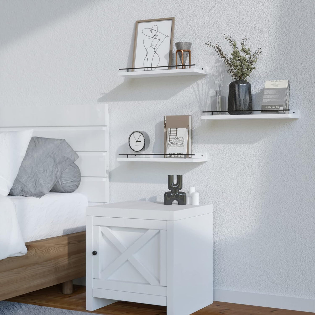 WOPITUES Floating Shelves for Wall Decor Set of 3, Black and White