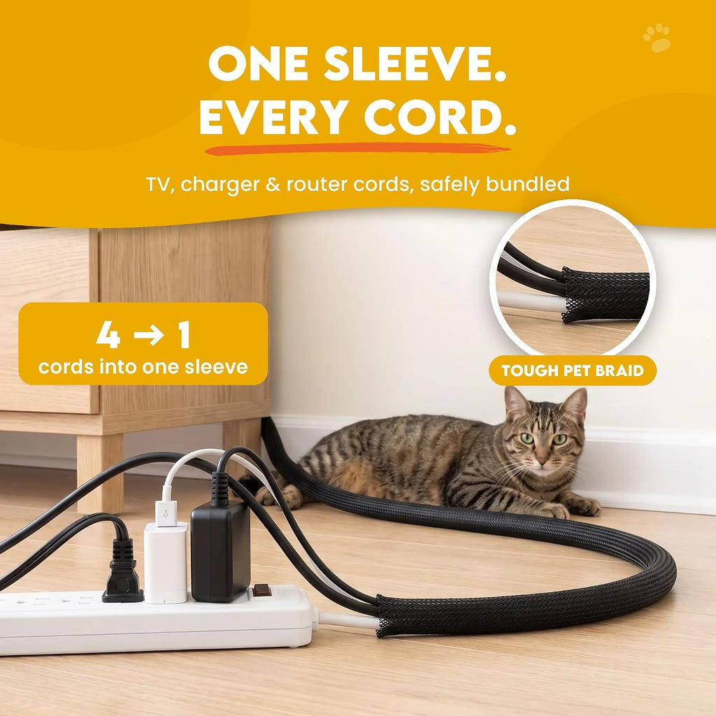 Paws & Wires Cord Protectors from Pets No Chew, 10 ft x 1/2 in Black Braided Cord Cover for Cats & Dogs