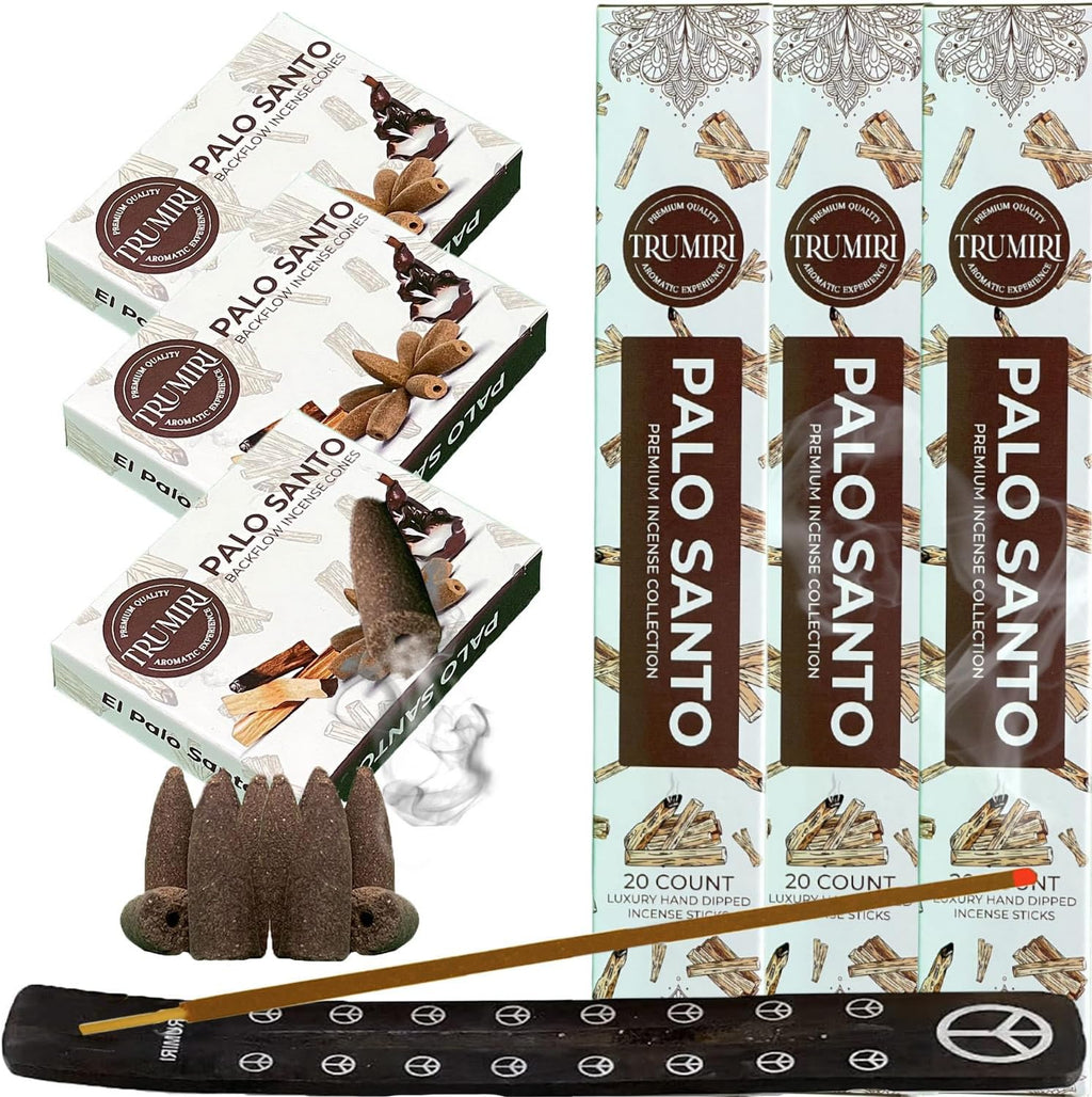 Palo Santo Incense Sticks & Backflow Incense Cones for Waterfall Combo Pack - 60 Insence-Sticks + 30 Backflow Cones - Insents - Incense Waterfall Cones - Inscense