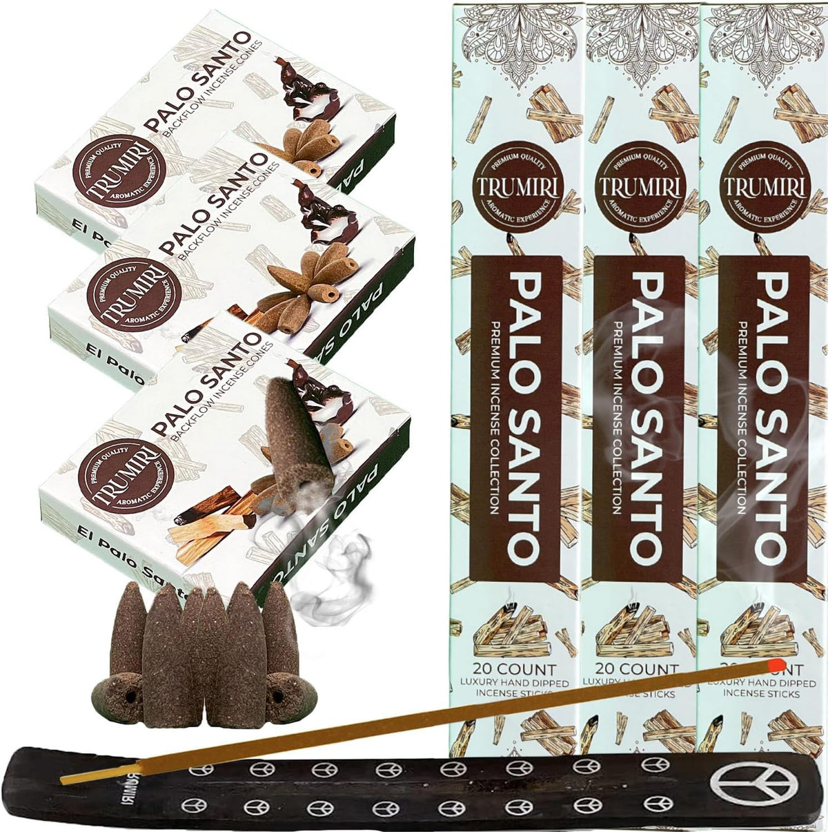 Palo Santo Incense Sticks & Backflow Incense Cones for Waterfall Combo Pack - 60 Insence-Sticks + 30 Backflow Cones - Insents - Incense Waterfall Cones - Inscense