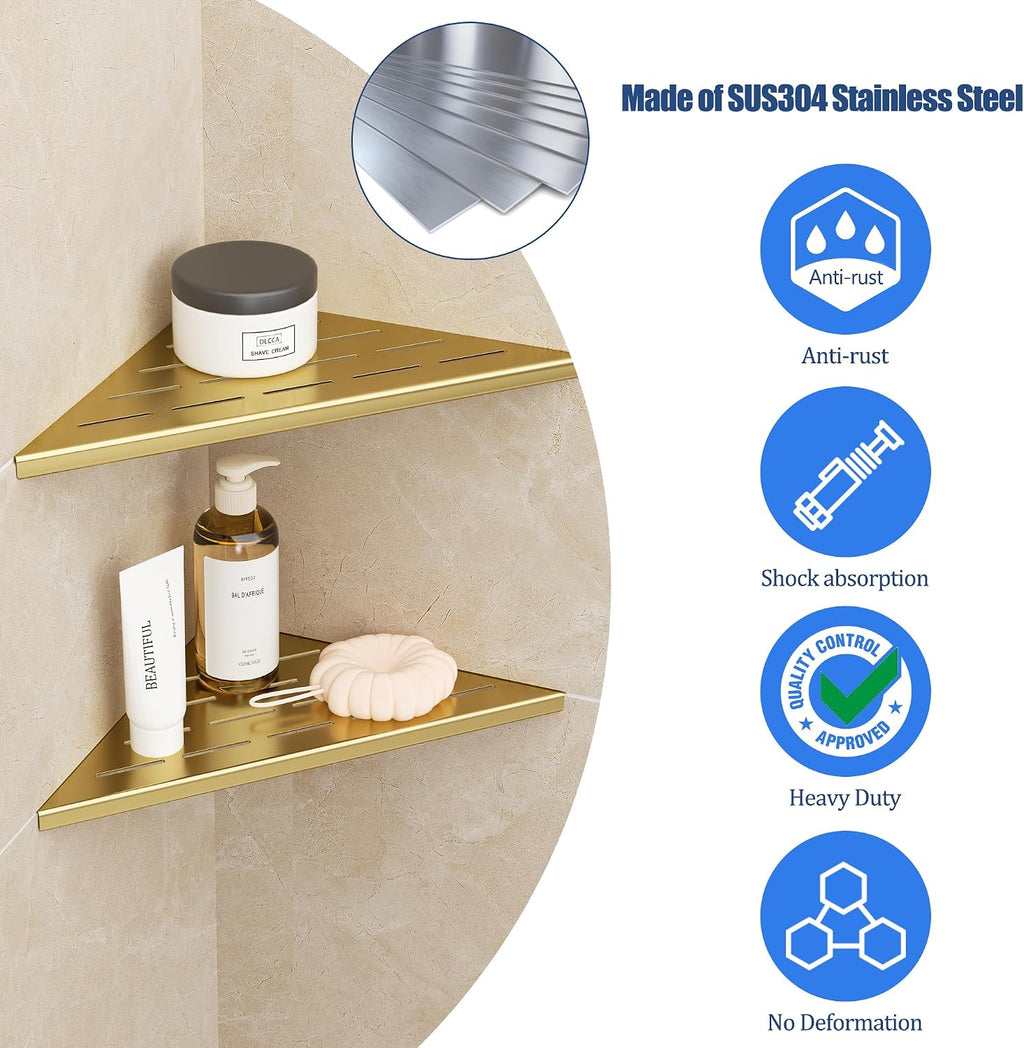 Neodrain 10 Inch Golden Corner Wall Shelf for Tile Wall Insert, Set of 2