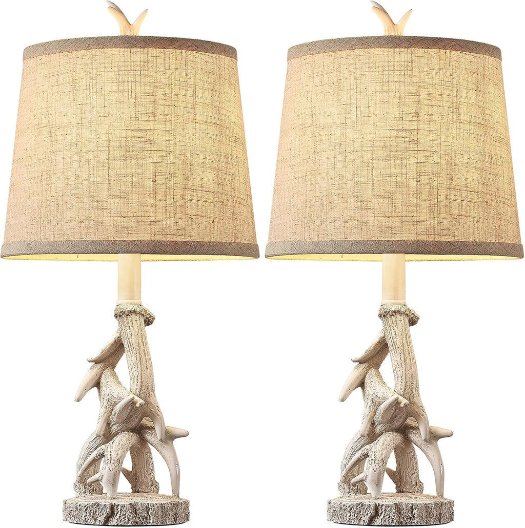 23'' Farmhouse Table Lamps for Bedroom Rustic Deer Antler Table Lamps Set of 2 Bedside Nightstand Lamp Western Log Cabin Lamp for Living Room Study Room Desk, White