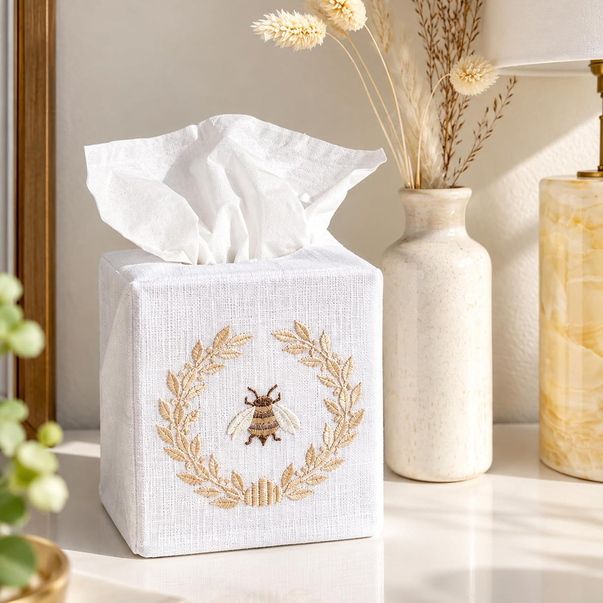 Jacaranda Living Square Tissue Box Cover, Linen/Cotton Fabric Tissue Holder, Decorative Cloth Tissue Cube Cover, Embroidered Bee Designs, Napoleon Bee Wreath (Beige)