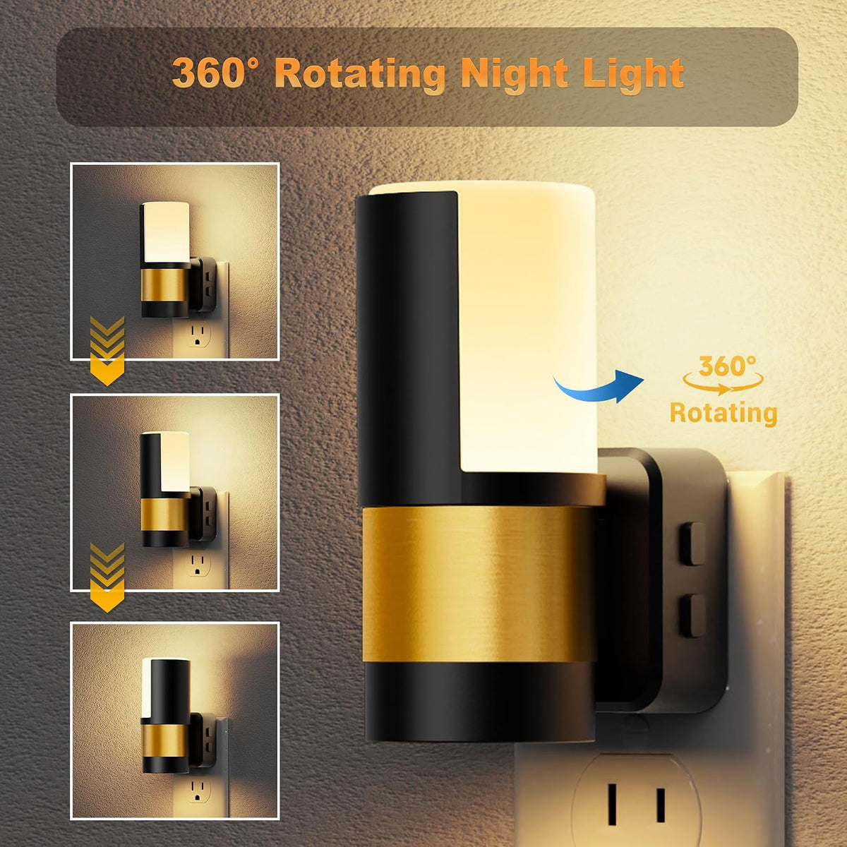 JandCase Plug in Night Light, Rotating Night Light with 3 Colors, Dimmable