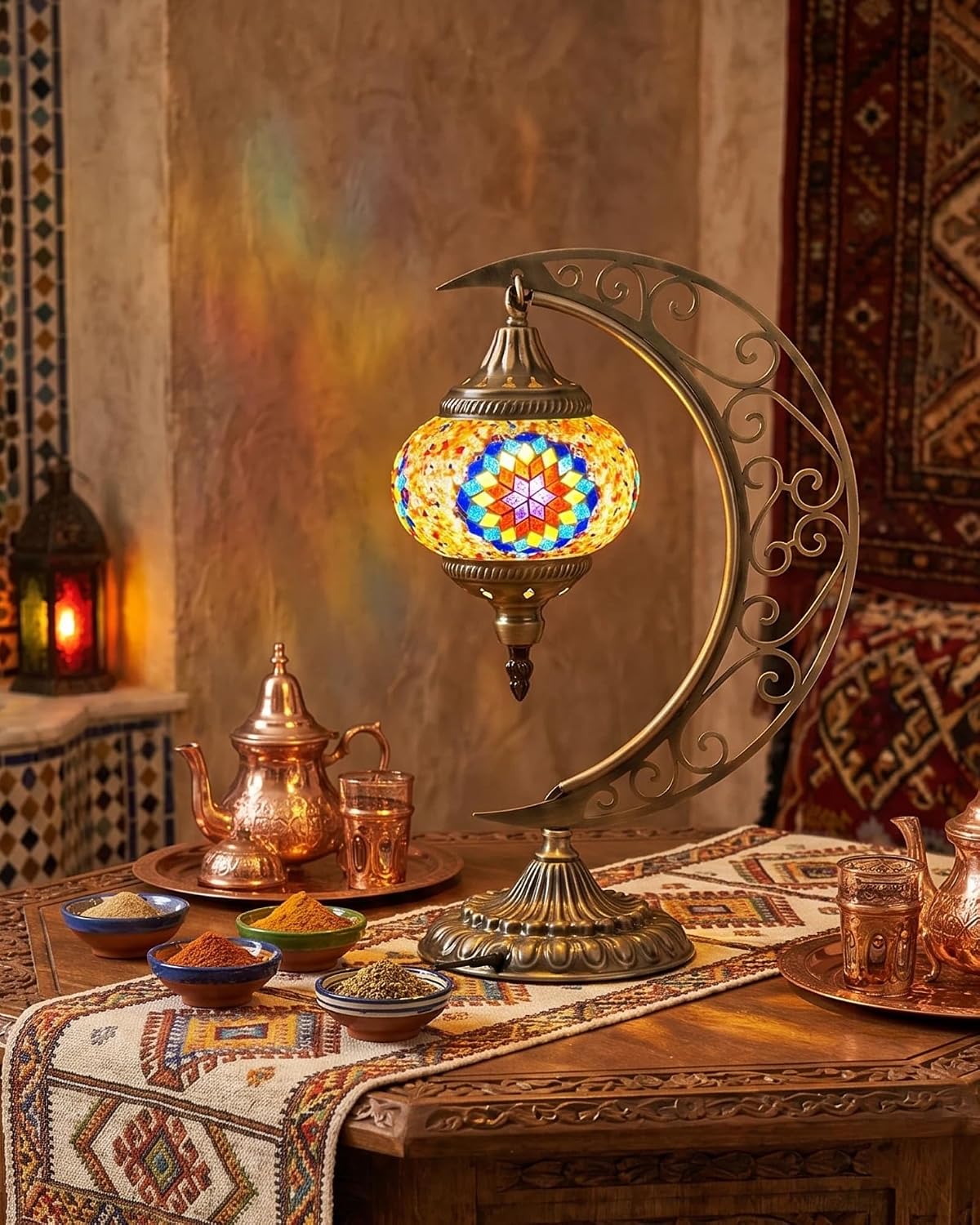Hortsun Turkish Lamp Moon Shaped Moroccan Lamp Turkish Mosaic Stained Glass Table Light with Bronze Base Colorful Moroccan Globe Light for Decorative Home Designs
