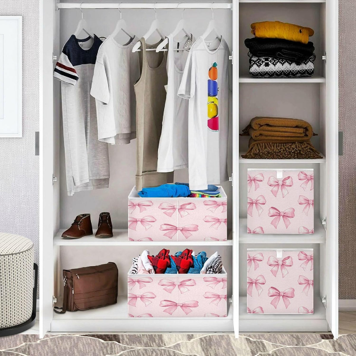 Pink Bows Storage Bins Cube Foldable Storage Baskets Bin Waterproof Home Organizer with Handles Basket for Blanket Clothes