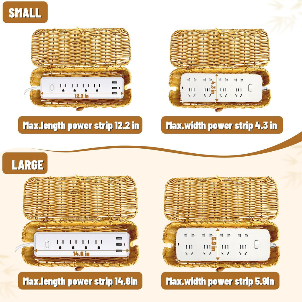 2 Pcs Handwoven Rattan Cable Management Box,Cord Organizer Box with Lid,Open-Slot Cord Hiding Basket,Decorative Storage Box for Hiding Computers, Tv, Power Sockets, USB Hubs