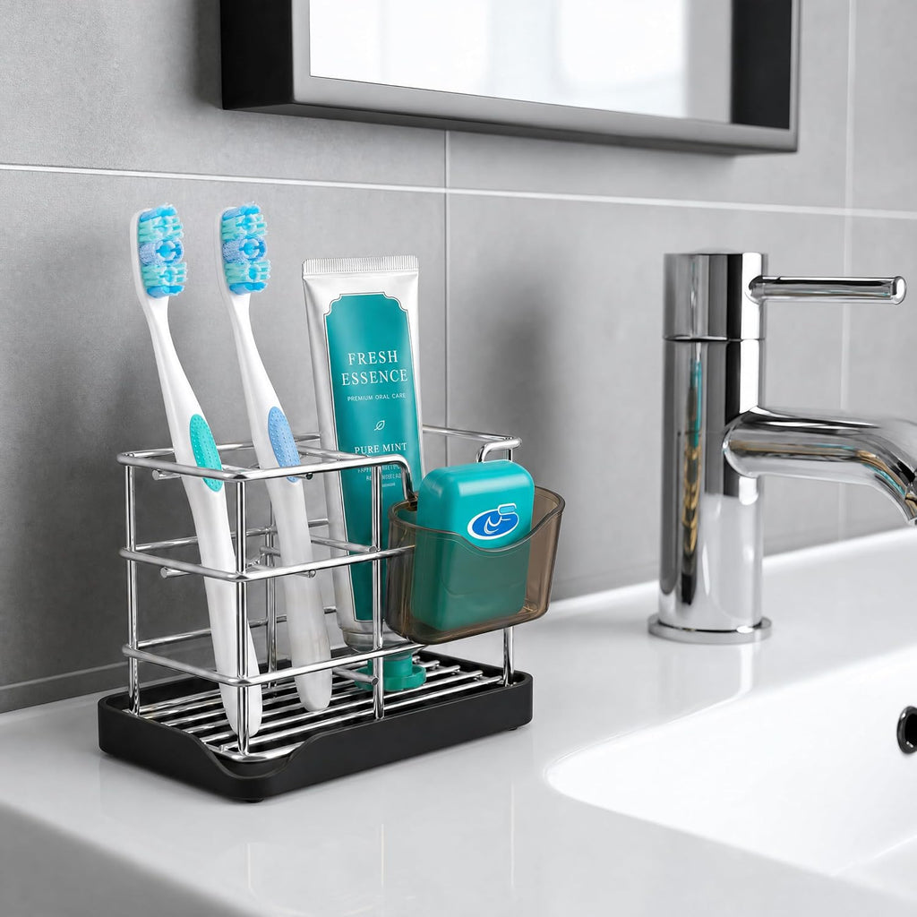 HBlife Toothbrush Holders for Bathrooms Silver, Small Stainless Steel Bathroom Toothbrush Holder with Tray, Bathroom Accessories and Apartment Essentials