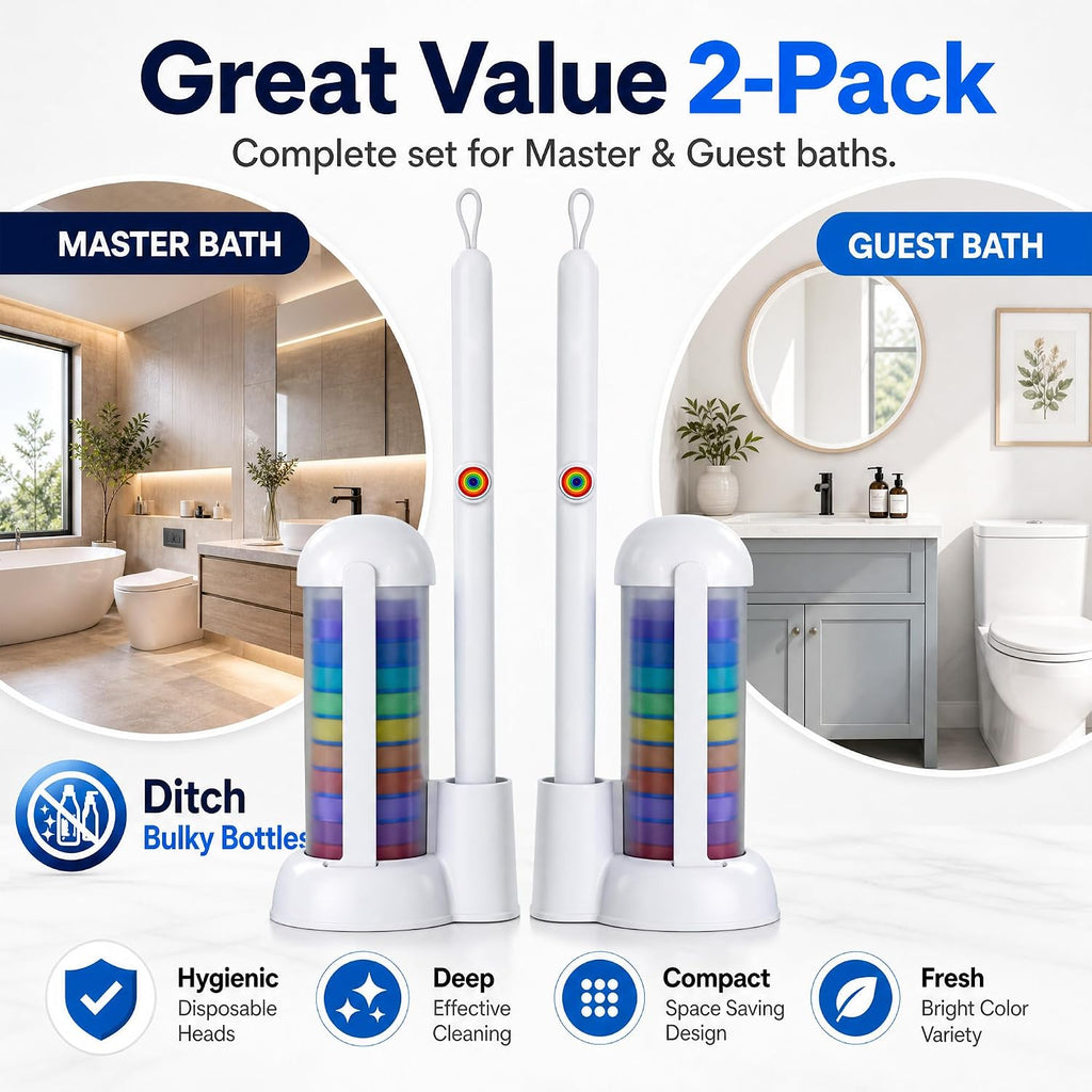 2 Pack Disposable Toilet Brush Set with Caddy, 2 Handles, 28 Refills
