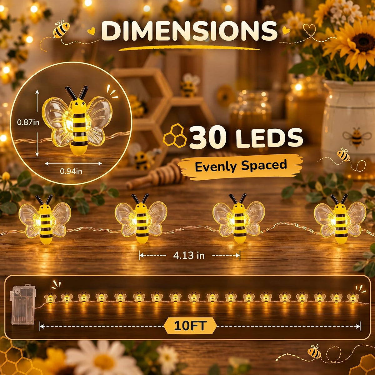 Mudder 1 Pack Honey Bee String Lights, 10FT 30LEDs with 8 Modes & Timer