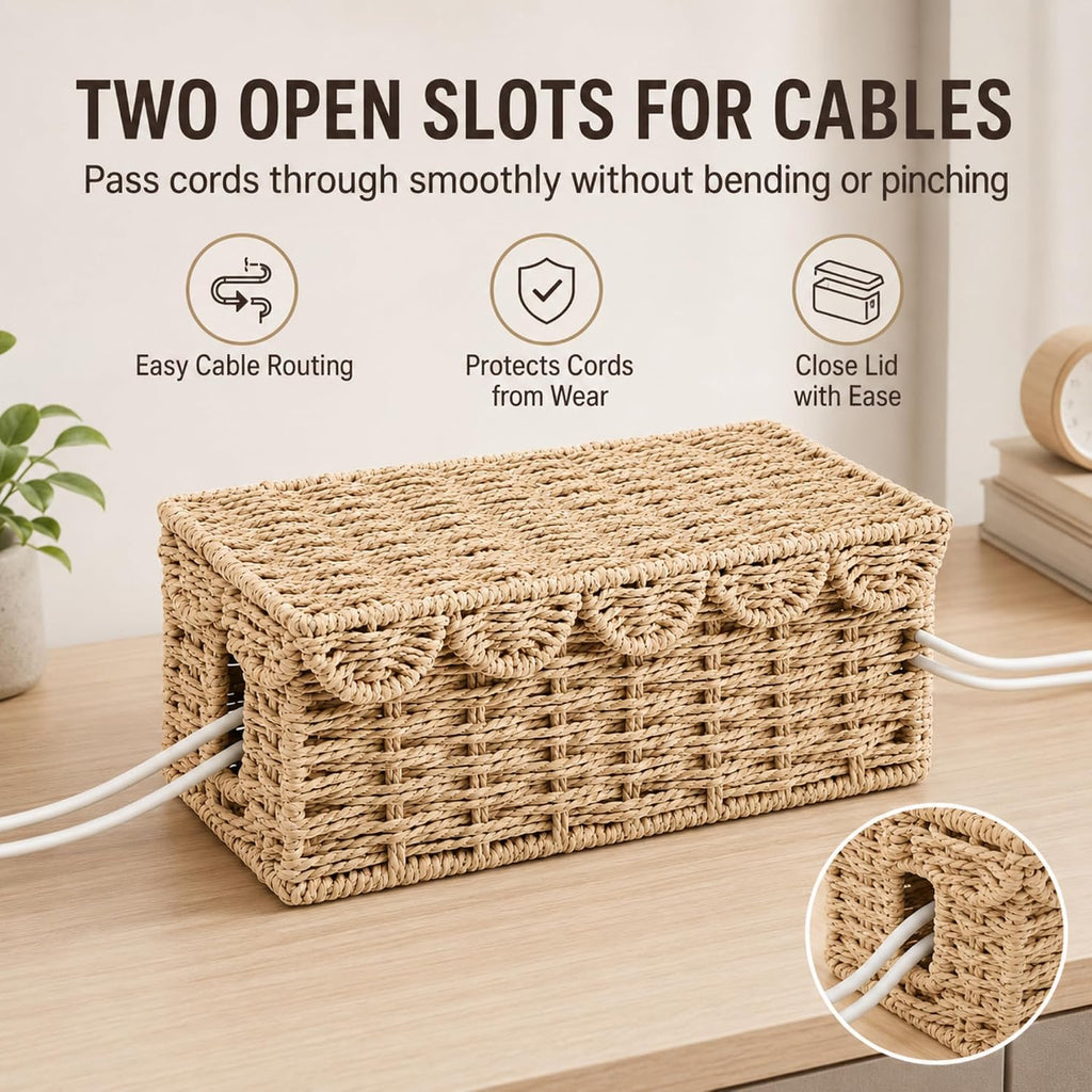 Woven Cable Management Box with Scalloped Lid, 13 Inch Cord Box