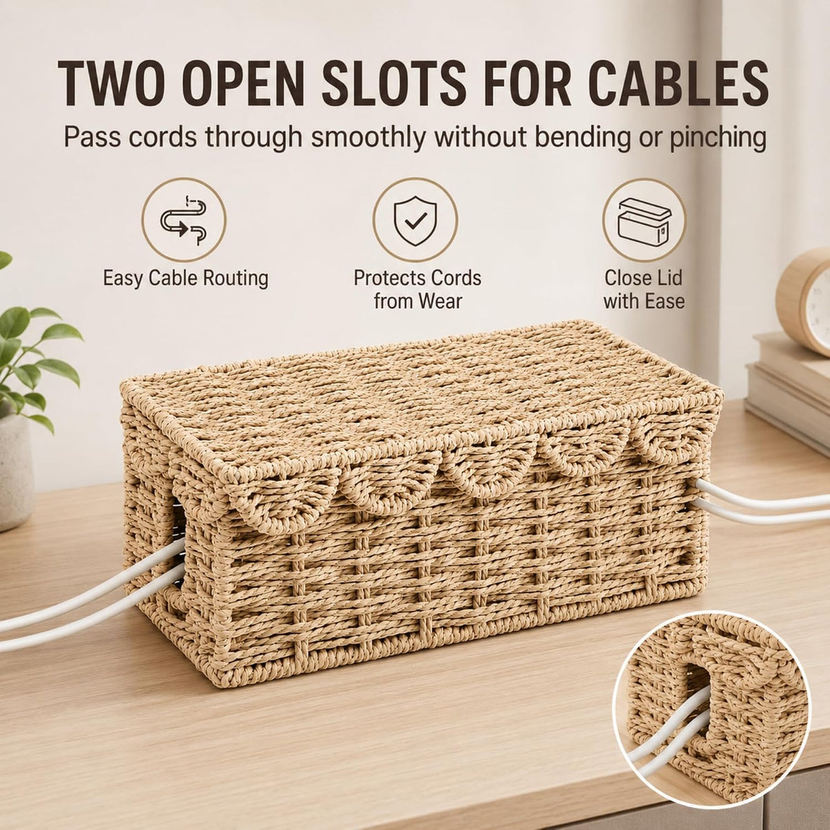 Woven Cable Management Box with Scalloped Lid, 13 Inch Cord Box