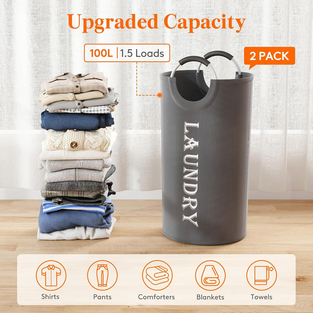 Lifewit 2 Pack 100L Laundry Basket with Aluminum Handles, Grey