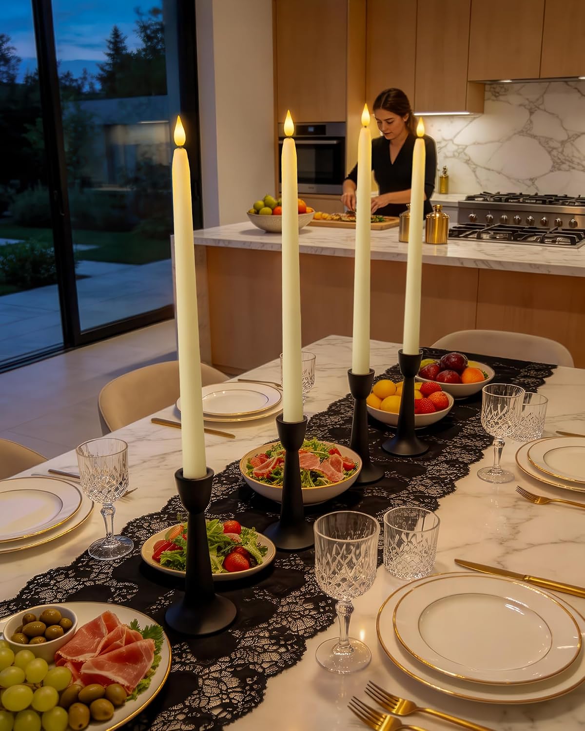 Homemory 15 inches Real Wax Flameless Taper Candles with Remote Timer, 6 Pcs Ivory LED Taper Candles Battery Operated with 3D Flickering Flame, Window Candle Led Candlesticks for Dinners Home Decor