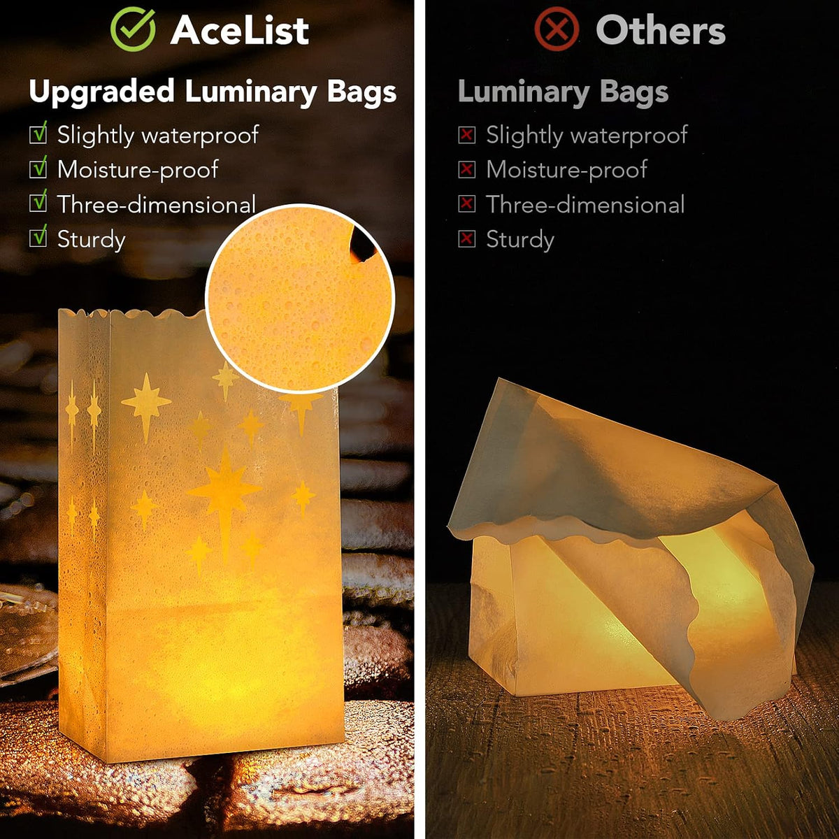 AceList 50 Set LED Candles with Luminaries Bags,Paper Luminary Bags Flickering Tea Light Battery Operated for Wedding Party,Halloween,Christmas,Decoration- Meteor