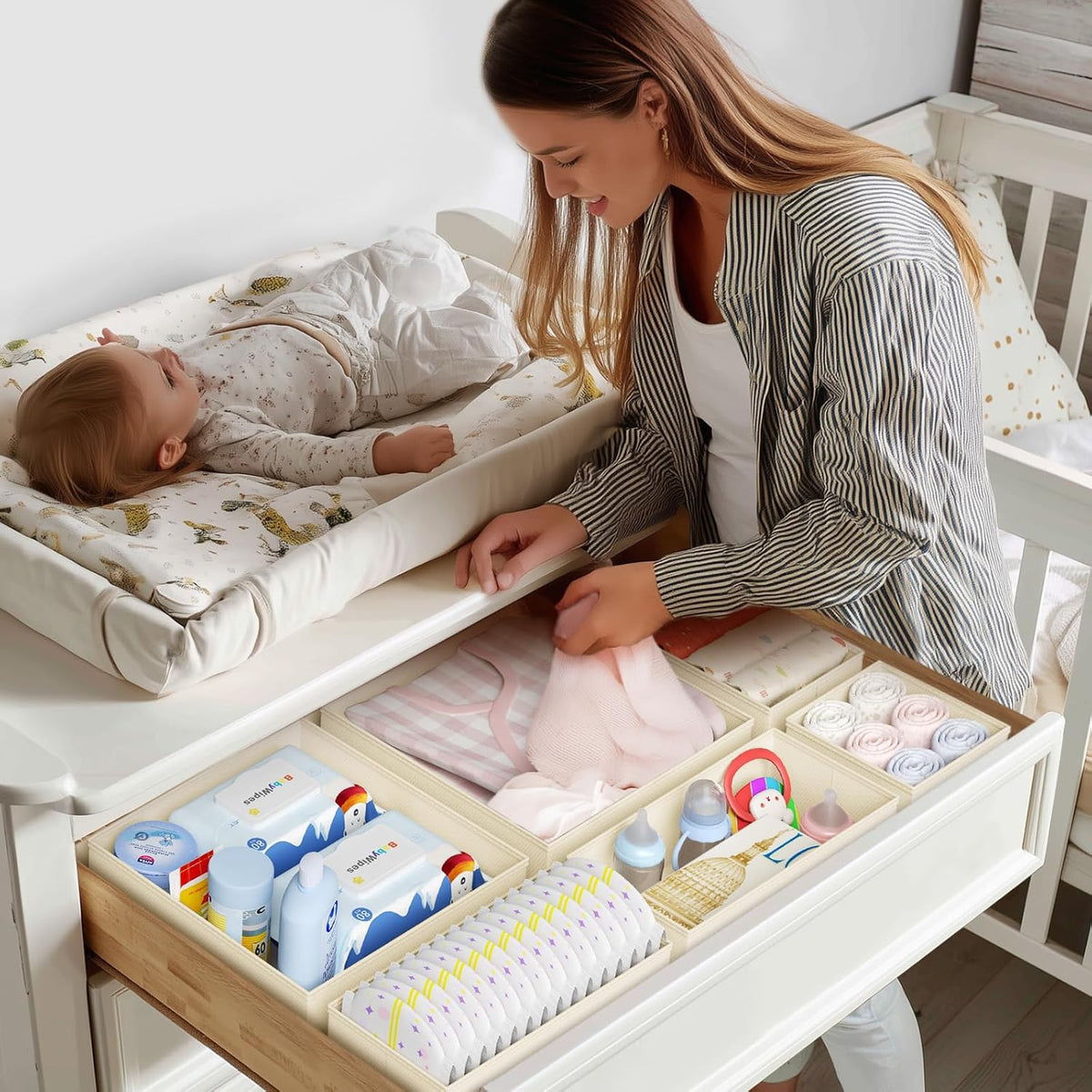DIMJ Drawer Organizer Clothes, 36 Pack Dresser Organizer, Foldable Closet Organizers and Storage, Fabric Dresser Bins, Drawer Dividers for Nursery, Baby Clothes, Underwears, Sock (Beige)