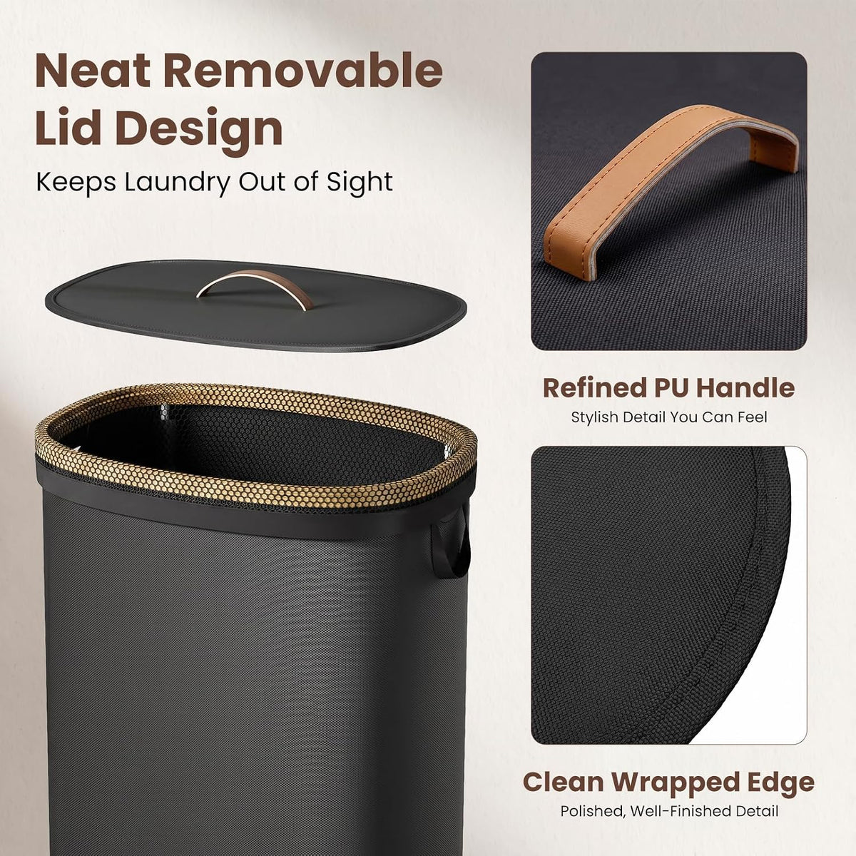 Laundry Hamper with Lid, 90L Large Tall Laundry Basket with Removable Laundry Bag, Collapsible Dirty Clothes Hamper for Bedroom, Bathroom and Laundry Room, Black