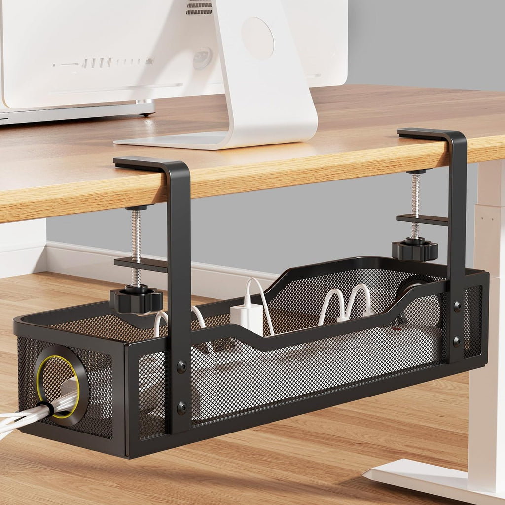 Under Desk Cable Management Large, Cinati 16" Cable Management Box for Table Thickness up to 3", Wire Cord Organizer with Clamp No Drill, No Damage to Desk (Black)