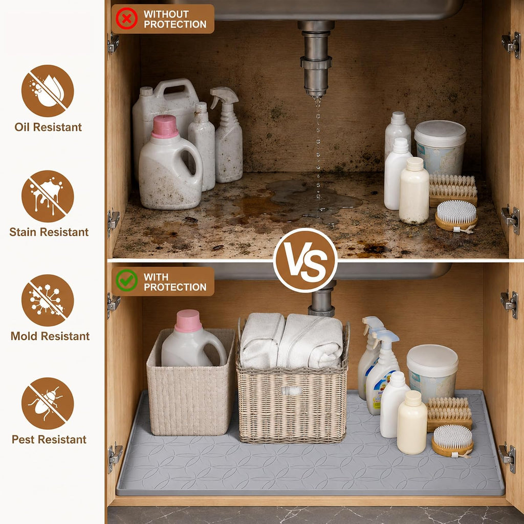 34"x22" Silicone Under Sink Mat Waterproof Cabinet Liner(Gray)