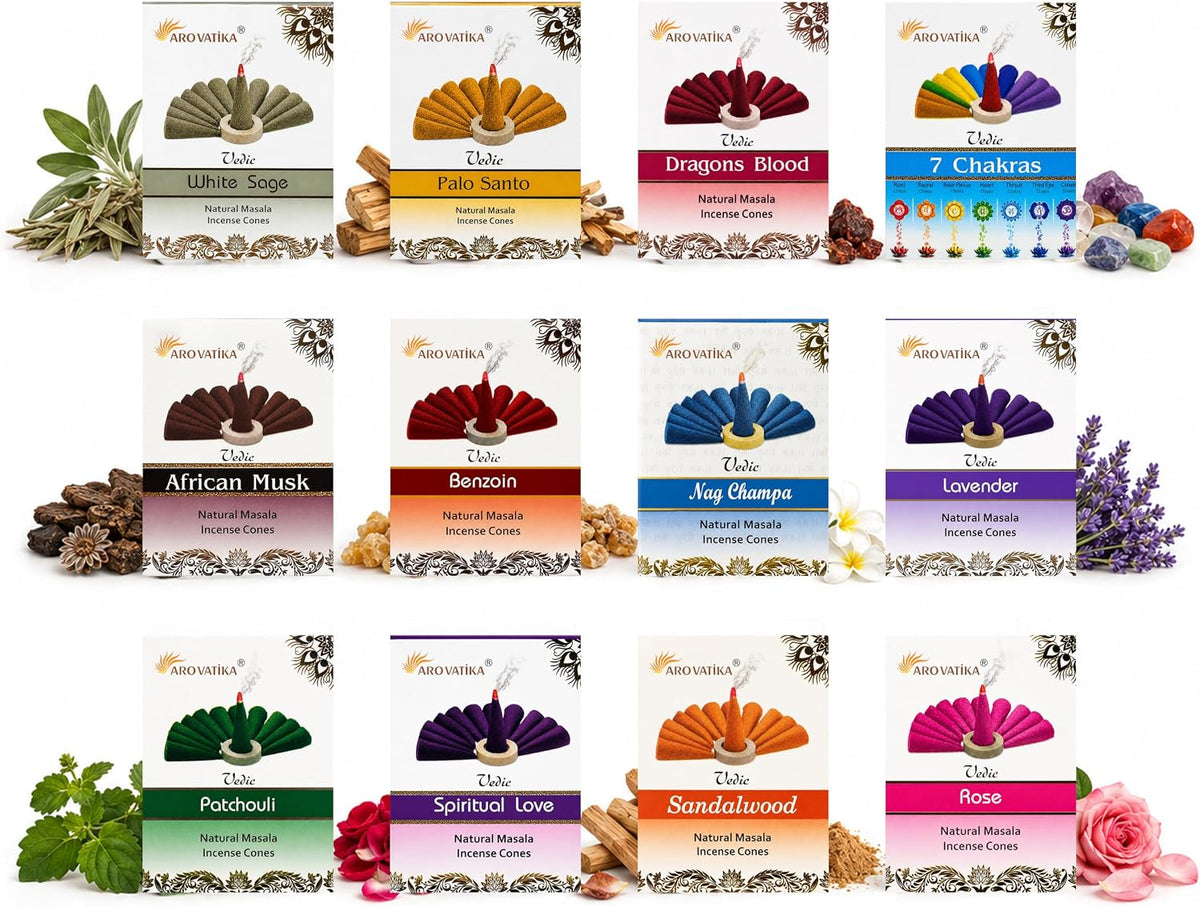 ARO VATIKA Vedic Natural Incense Cones Variety Pack of 120, 12 Flavored Premium Non-Toxic Dhoop Cones for Meditation, Yoga, Spiritual Healing, Relaxation & Home Fragrance, Burn Time 25 Mins