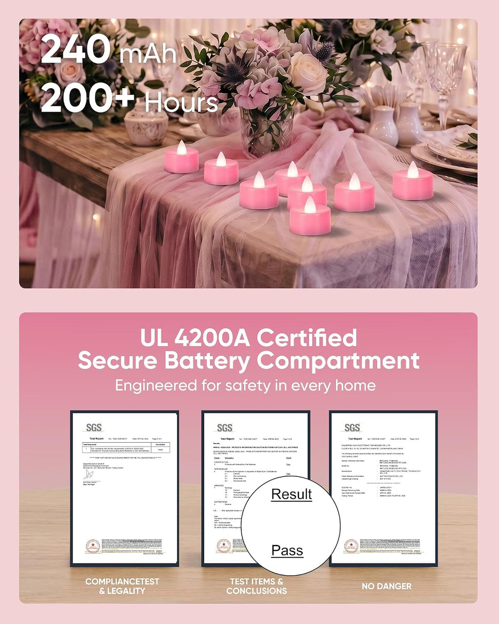 Homemory 50-Pack Pink Flameless Battery Tealight Candles, 200+ Hours