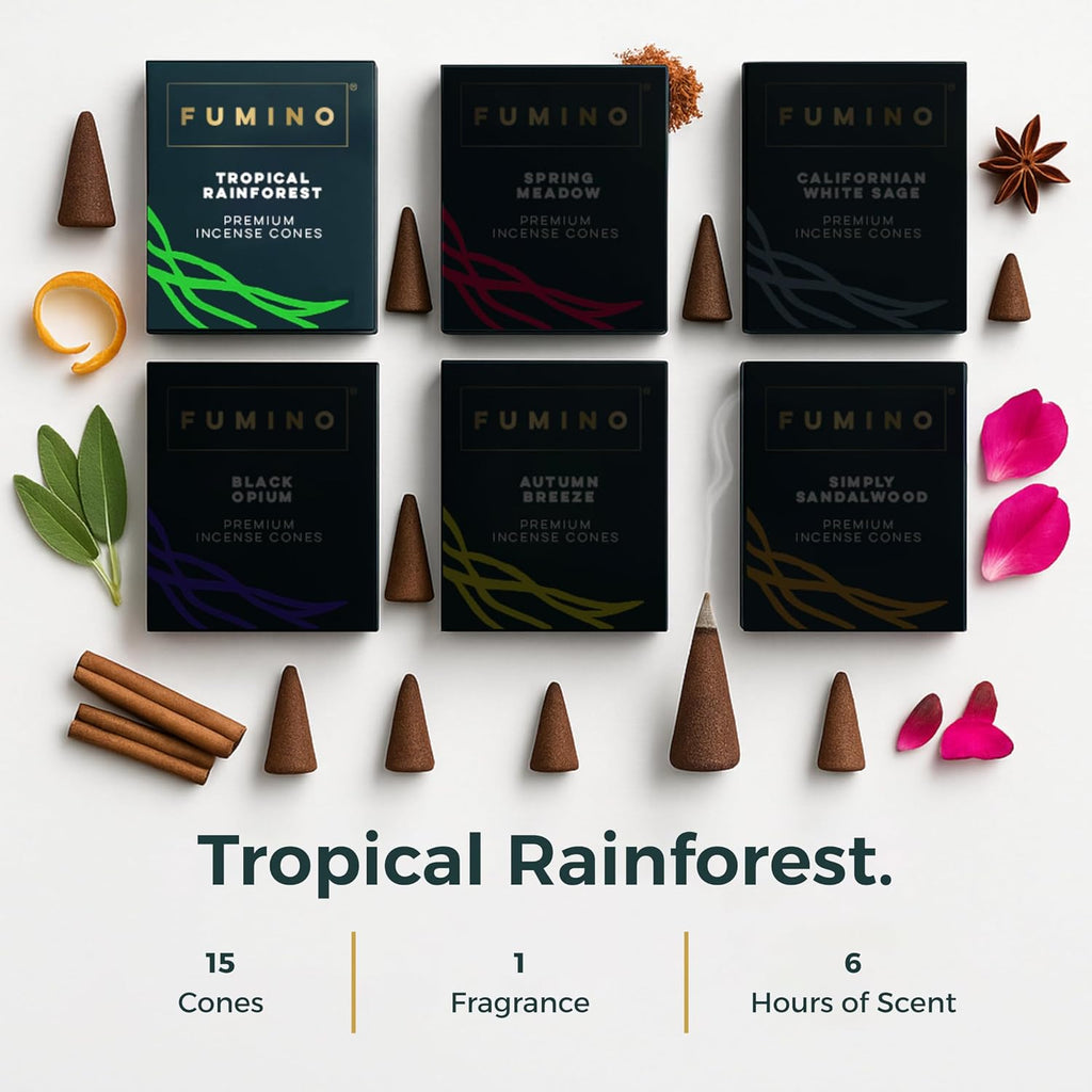 Fumino Tropical Rainforest Incense Cones 30 Pack - Handmade Natural Masala Incense Cones for Meditation & Home Fragrance, Low-Smoke Fresh Green & Citrus Scent, Bureau Veritas Certified