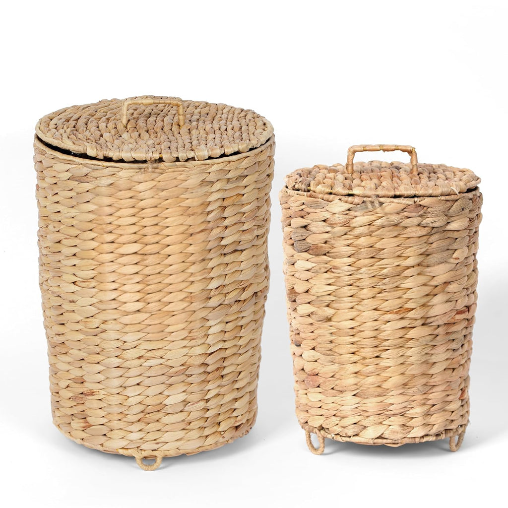Bathroom Trash Can with Lid Set of 2 (3 Gallon & 1.5 Gallon), Wicker Wastebasket with Liner & Raised Feet, Handwoven Water Hyacinth Decorative Trash Can for Bedroom, Office, Living Room