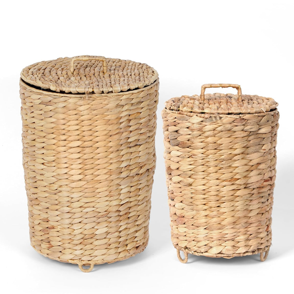 Bathroom Trash Can with Lid Set of 2 (3 Gallon & 1.5 Gallon), Wicker Wastebasket with Liner & Raised Feet, Handwoven Water Hyacinth Decorative Trash Can for Bedroom, Office, Living Room