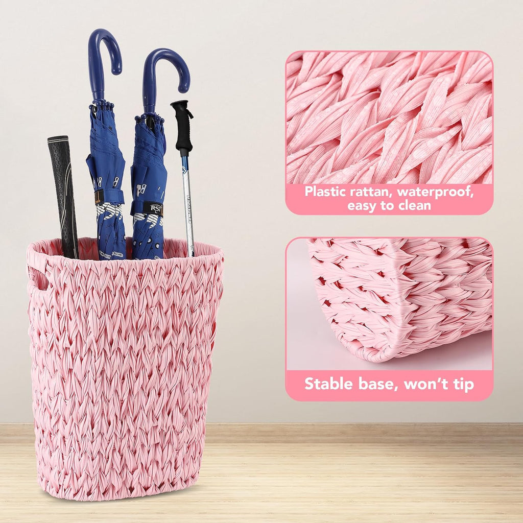 BSSN Wicker Trash Can and Square Tissue Box Cover, 4 Gallon Water Hyacinth Bathroom Trash Can, Handwoven Napkin Holder, Narrow Small Waste Basket, Rustic Decorative Home Set for Bedroom,Office (Pink)