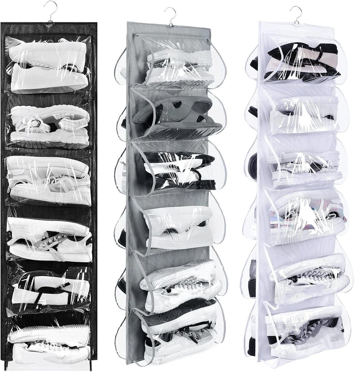 Barydat 3 Pcs Dual Sided Hanging Shoe Organizer 12 Clear Pockets Mesh Hanging Shoe Rack Holder with Rotating Hanger for Closet Storage Men Women Handbags Kids Clothing, Grey, White and Black
