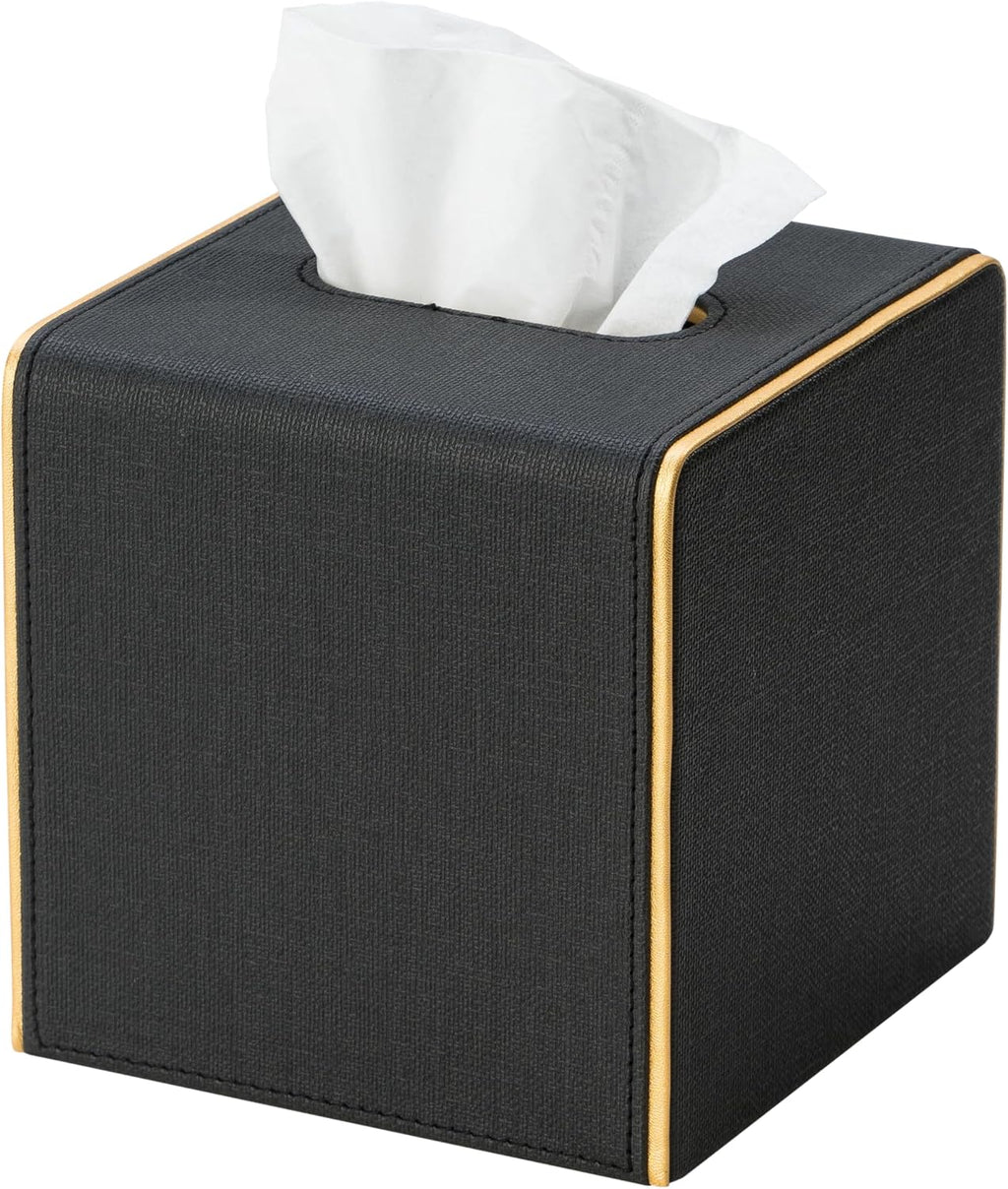 Ukwell Square Tissue Box Cover Linen-Textured Faux Leather Tissue Holder with Gold Trim Modern Home Decor Piece for Home & Office
