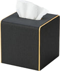 Ukwell Square Tissue Box Cover Linen-Textured Faux Leather Tissue Holder with Gold Trim Modern Home Decor Piece for Home & Office