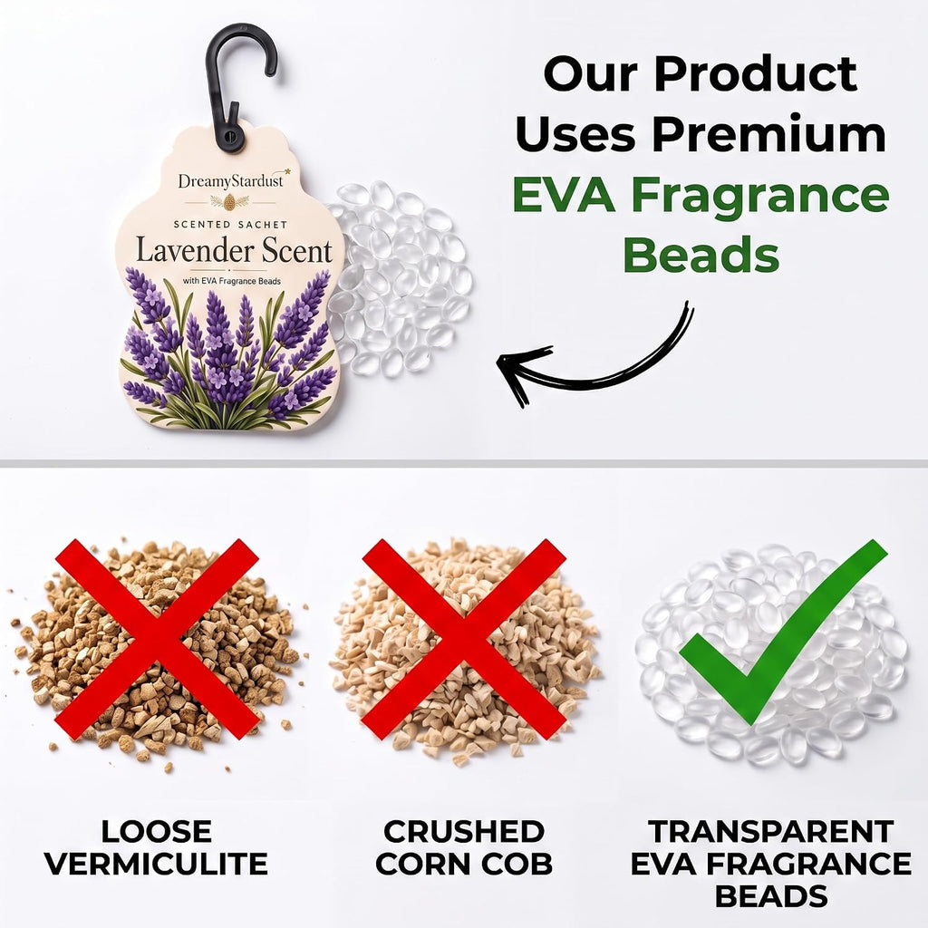 Lavender Scented Sachets for Drawers & Closets, 6 Pack Hanging Fragrance Sachets with EVA Beads for Wardrobe, Car, Shoe Cabinet and Bathroom, 0.35 oz Each