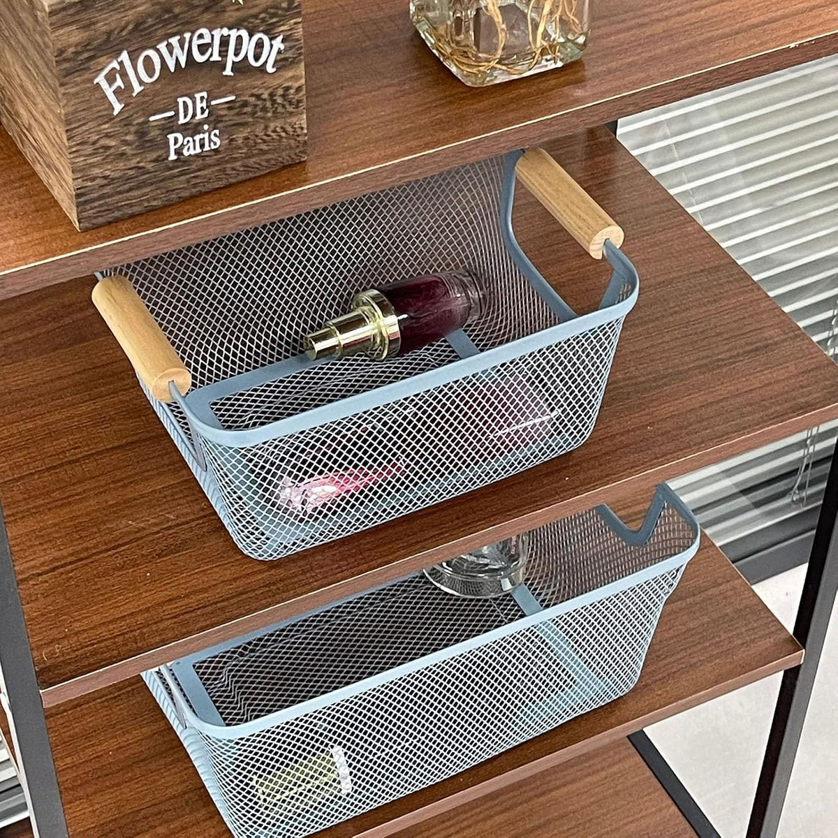 AJIODA Metal Mesh Steel Basket, Medium Wire Storage Organizer Basket Multi-function Hanging Kitchen Basket with Wood Handle for Kitchen Bathroom Picnic Home, Rectangle-Blue
