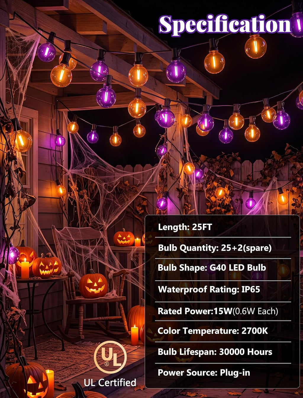 25Ft LED Orange Purple String Lights, Outdoor Halloween Lights