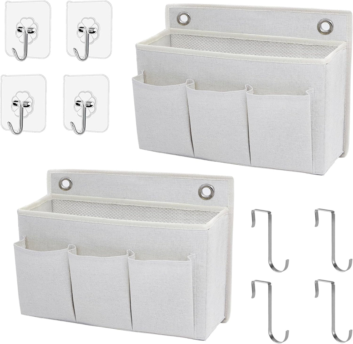 2-Pack Wall Hanging Organizer Bag/Hanging Baskets with Large Mesh Compartment & 3 Pockets，Over the Door Organizer Space Saving Storage for Bedroom,RV Camper, Closet (White-2 Pack)
